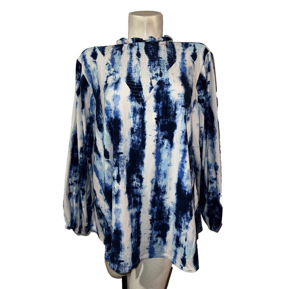 New LuLaRoe Clara Top Sz L Blue White Tie Dye Smocked Ruffle Neck Balloon Sleeve